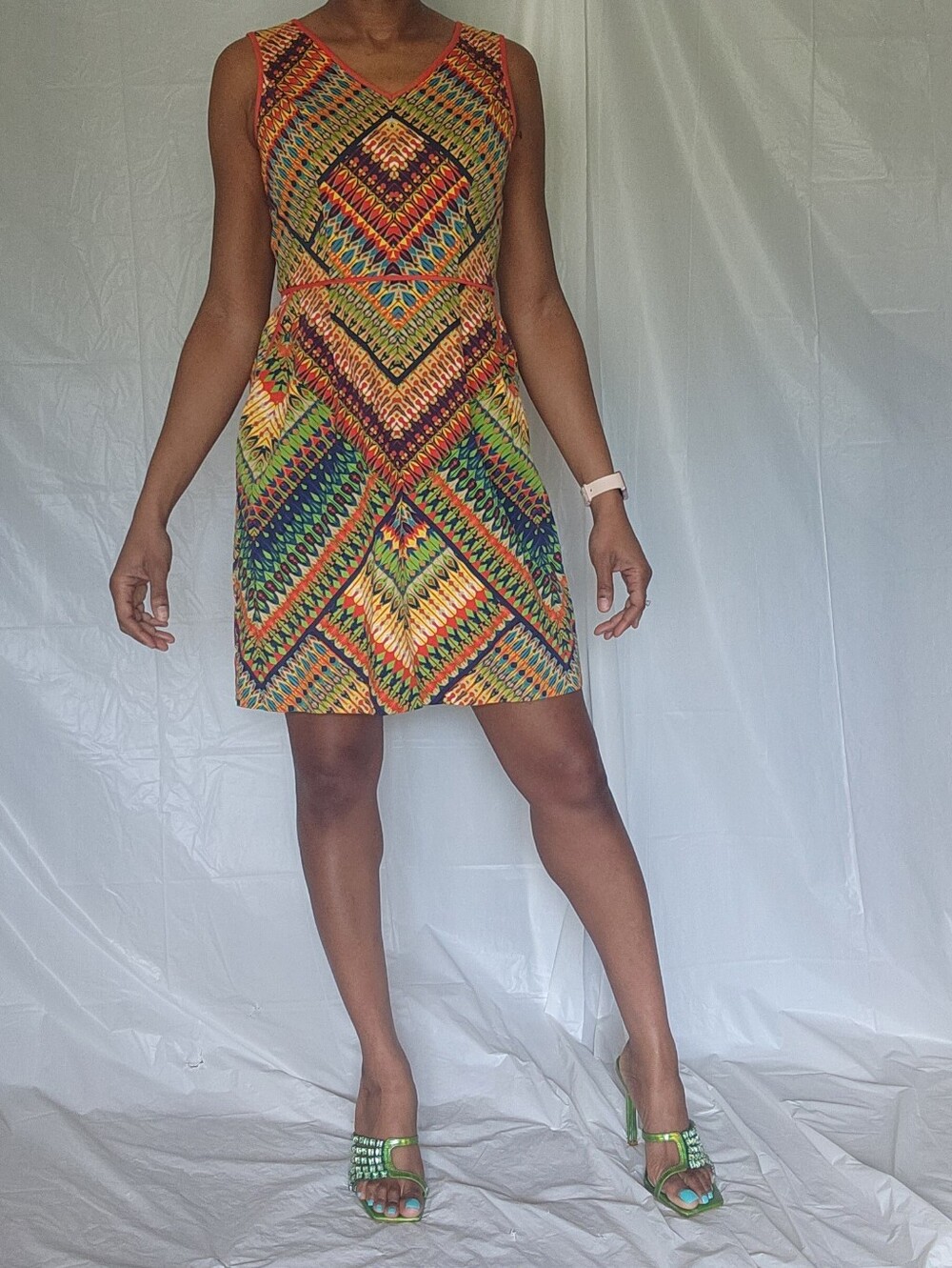 Colorful Geometric Print Fit & Flare Dress with Pockets